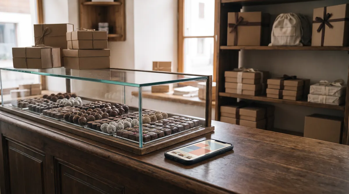 A chocolatier's counter with pralines under glass and gift boxes on shelves