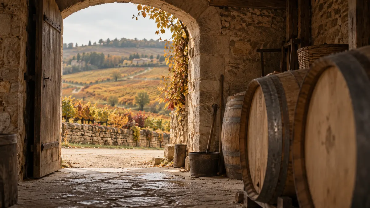 A wine estate's cellar with barrels and vineyard slopes