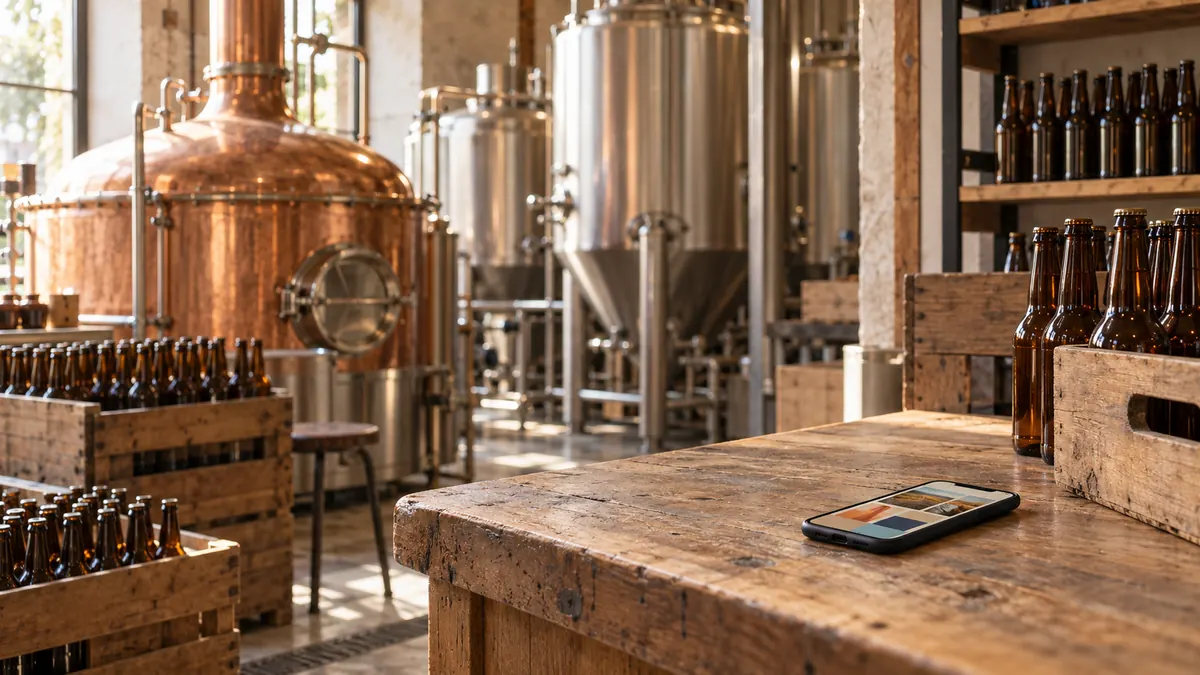 Brewing tanks and crates of bottles in a small brewery