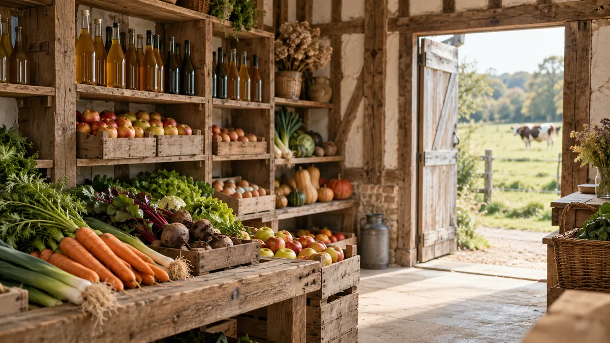 A farm shop with crates of vegetables, apples and eggs