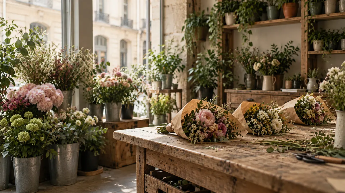 Buckets of seasonal flowers and wrapped bouquets in a florist's shop
