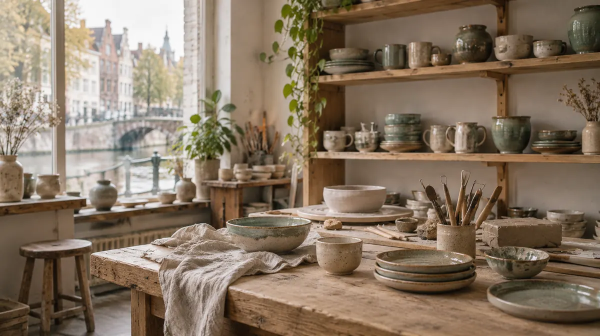 Handmade stoneware on oak shelves in a small studio