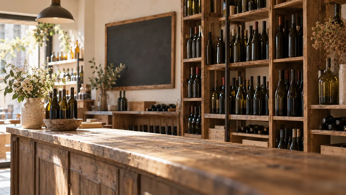 Racks of wine bottles behind a wooden counter in a wine shop
