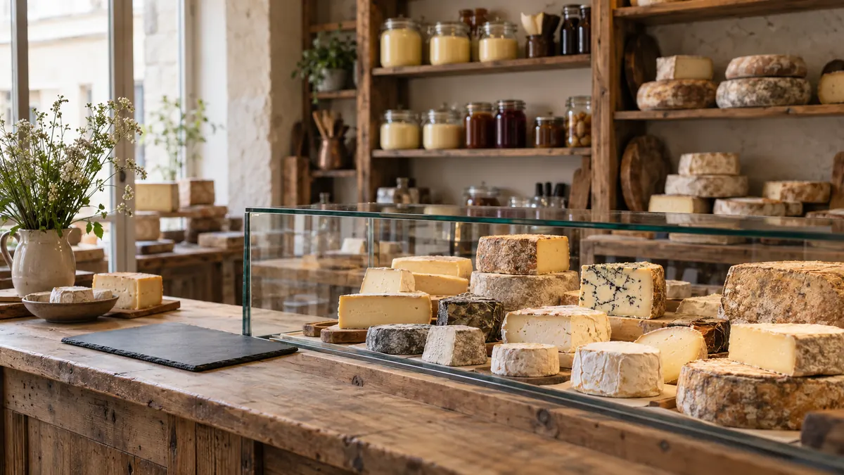 A cheese counter with wheels and wedges under glass