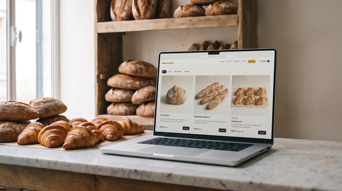 A laptop open on an online shop, on a shop counter