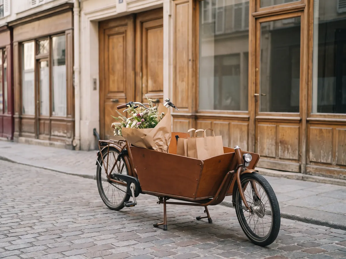 Een bakfiets in een straat met kasseien, met in de houten bak een boeket in kraftpapier en twee papieren zakken