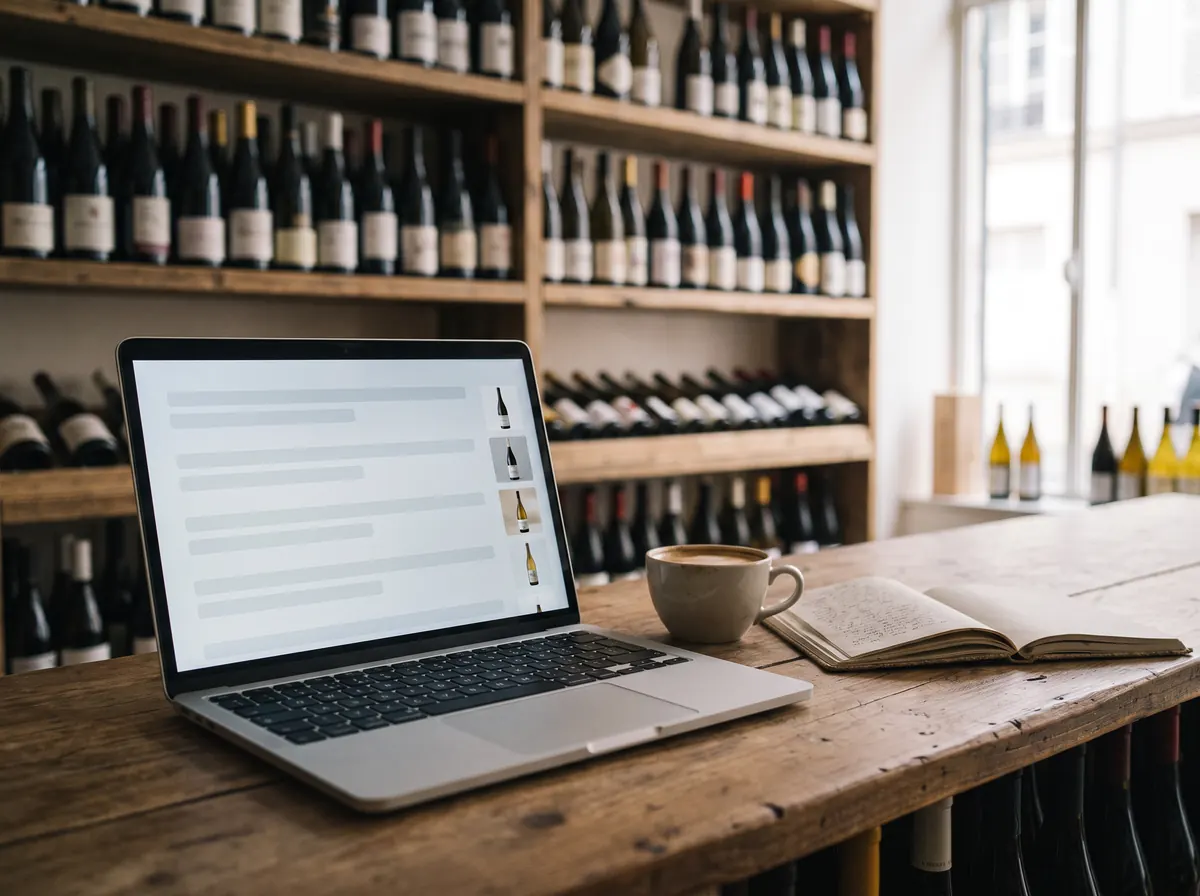 A laptop open on the counter of a small wine shop after closing time