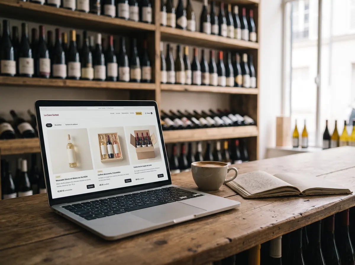 A laptop showing a wine shop's online shop, on the counter