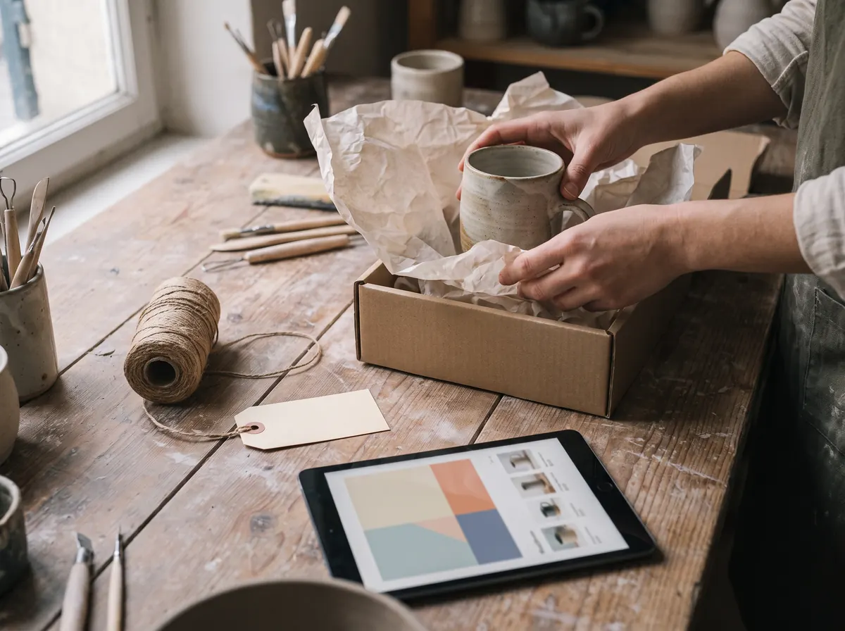 Hands wrapping a handmade ceramic mug in tissue paper and placing it in a cardboard box on a wooden workbench