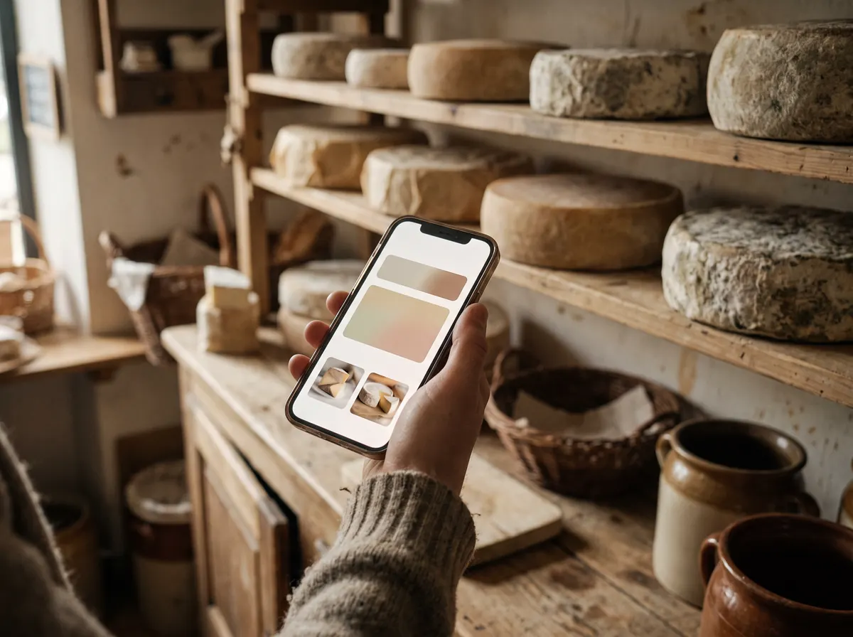 A hand holding a smartphone in a cheese shop, an online shop with product photos on the screen and cheese wheels on the shelves behind