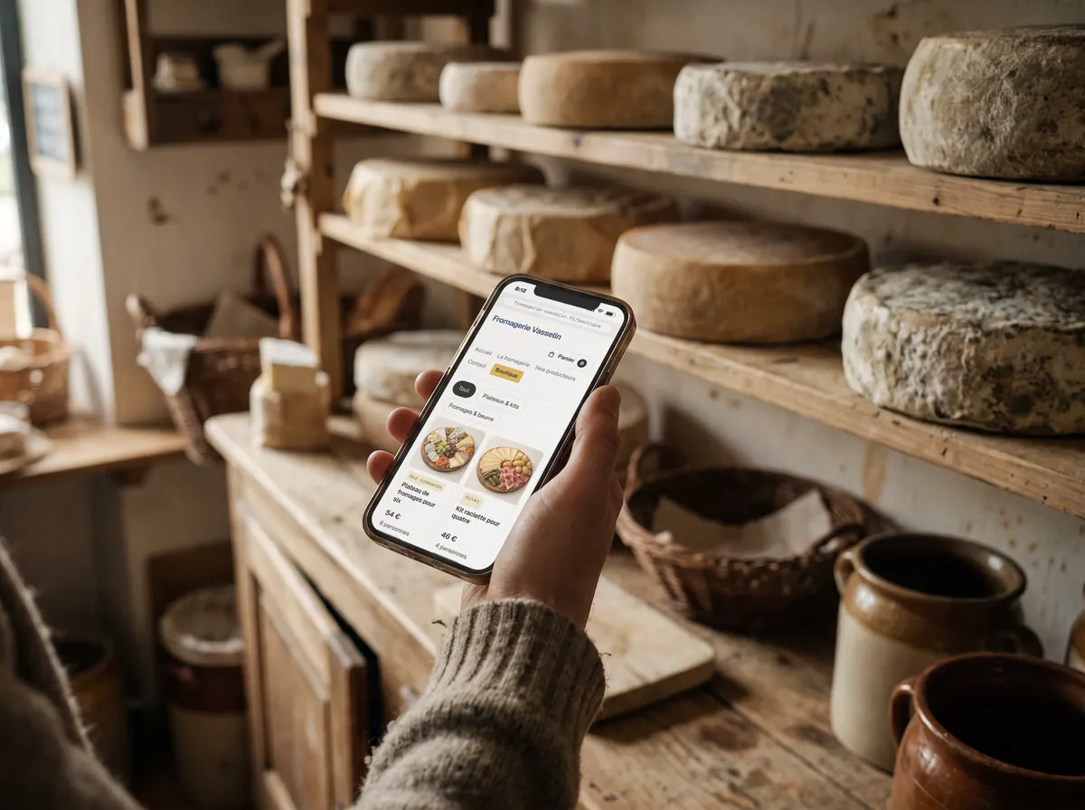 Een hand houdt een smartphone vast in een kaaswinkel, met een webshop met productfoto’s op het scherm en kaaswielen op de rekken erachter