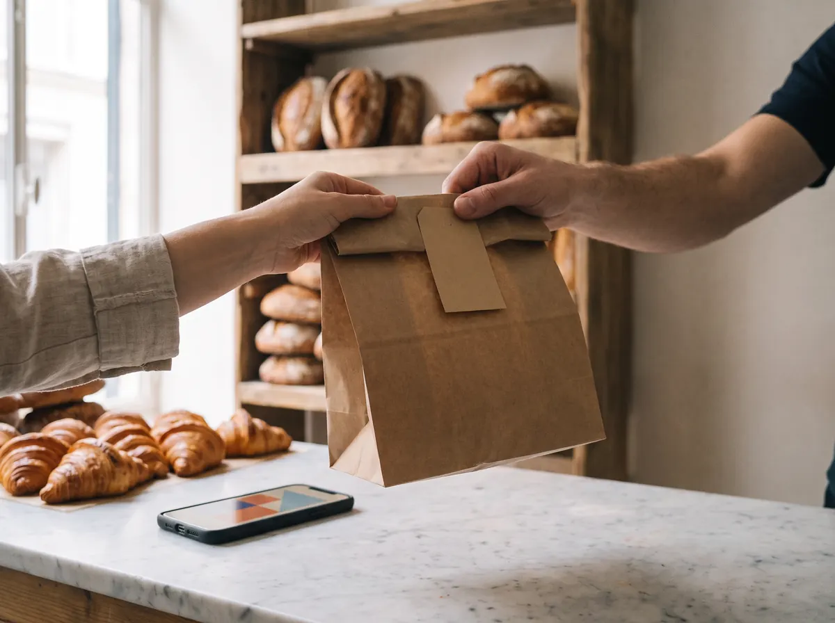 A paper bag with a blank kraft tag handed across a marble bakery counter, croissants in the background