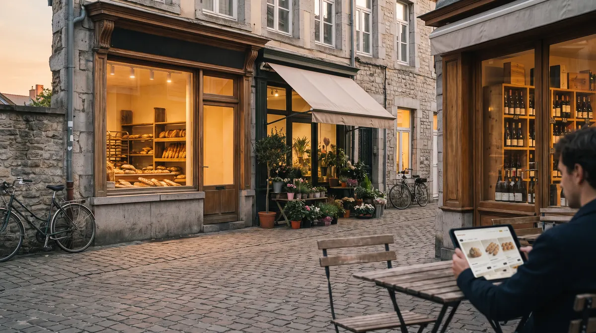 Een winkelstraat in een kleine stad bij zonsondergang, met een bakkerij, een bloemist en een wijnhandel onder hun luifels