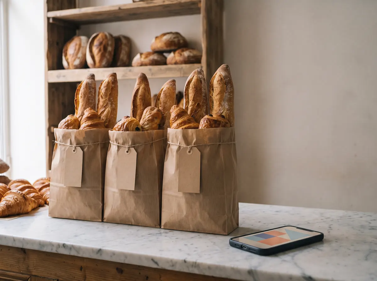 Three kraft paper bags of baguettes and pastries, each with a blank tag, lined up on a marble counter for collection.