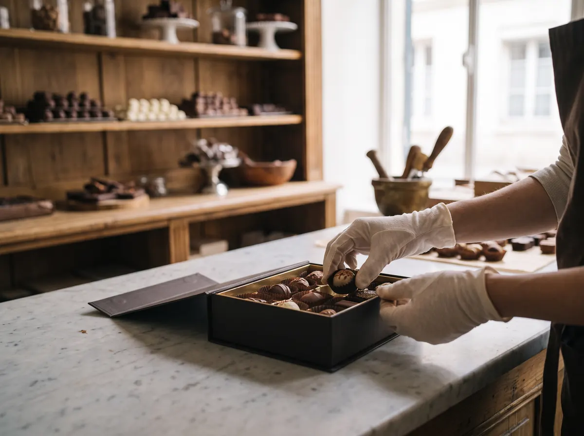 Gloved hands placing pralines one by one into a dark gift box on a marble counter.
