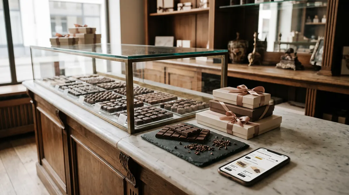 De toonbank van een chocolatier, met pralines in nette rijen in een glazen vitrine en geschenkdozen met een lint