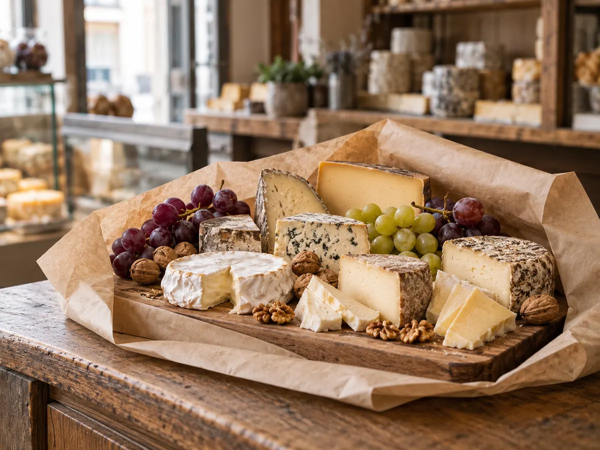 A cheese platter of blue, soft and hard cheeses with grapes and walnuts on a wooden board, wrapped in kraft paper for collection.