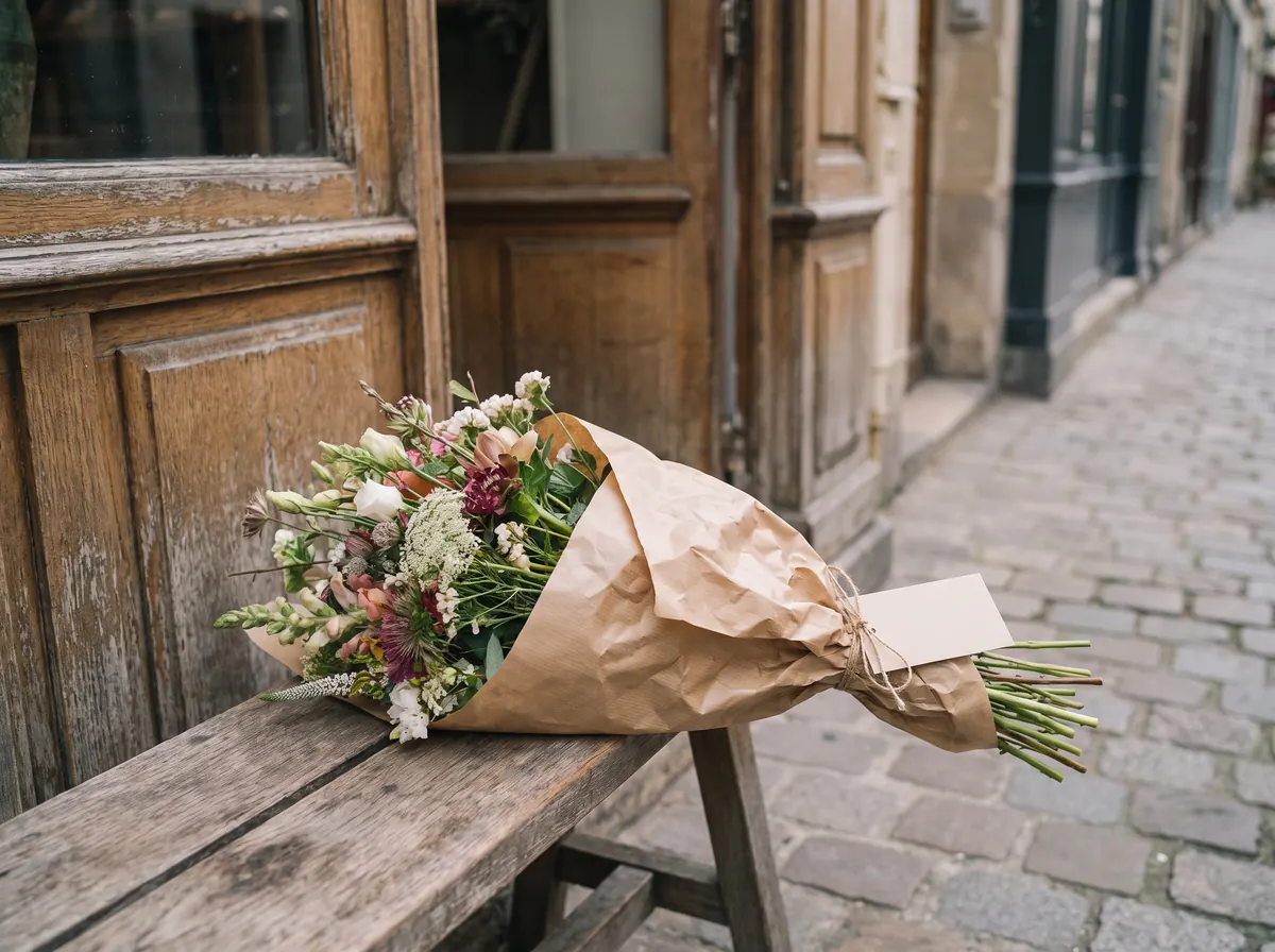 A bouquet wrapped in kraft paper with a small blank card tucked in, lying on a wooden bench by the shop door.