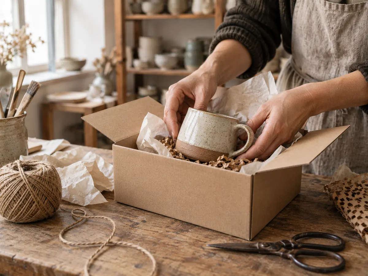 Hands nestling a handmade stoneware mug into a cardboard box with tissue paper and paper padding, twine and scissors beside it.