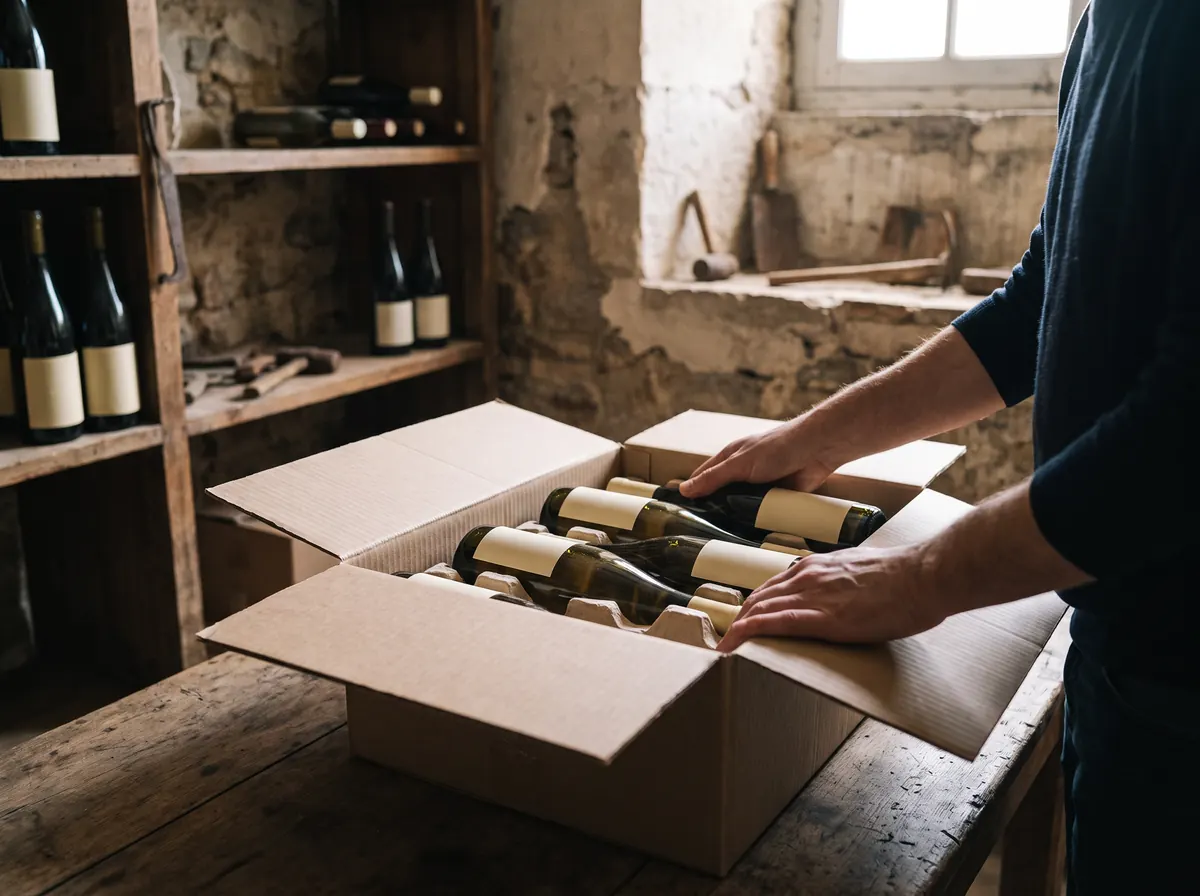 Hands packing six wine bottles with blank labels into a cardboard shipping box with dividers, in a stone cellar.