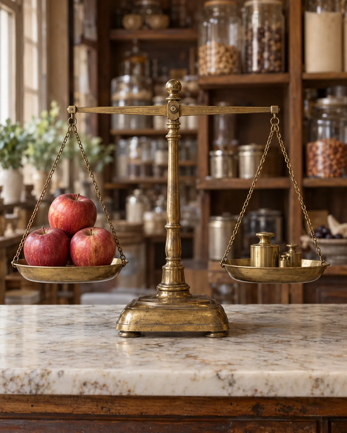 A brass counter scale weighing apples