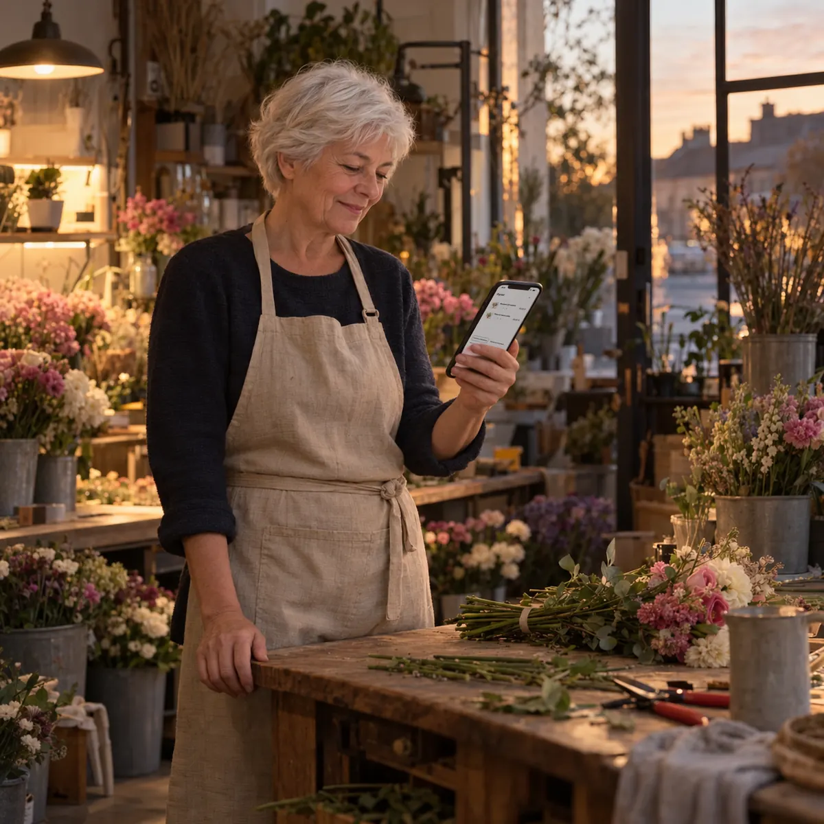 Een bloemiste bekijkt in haar winkel een nieuwe bestelling op haar smartphone.