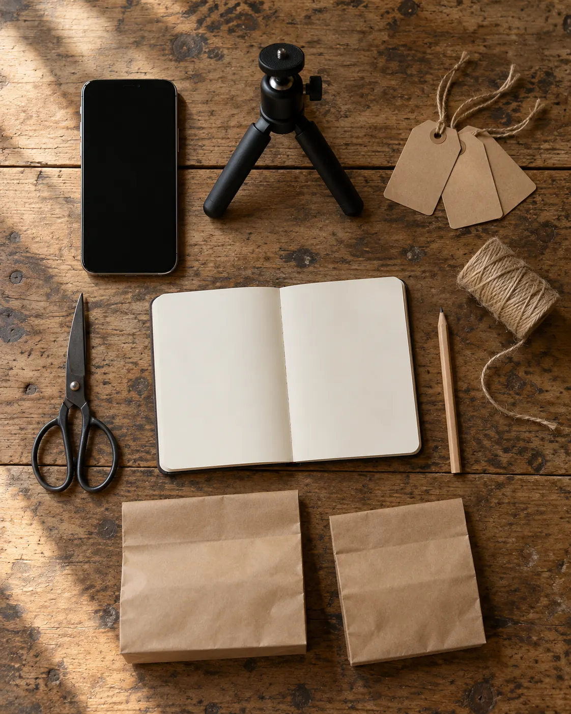 Een smartphone, een klein statief, kraftlabels, touw en een notitieboekje op een houten toonbank