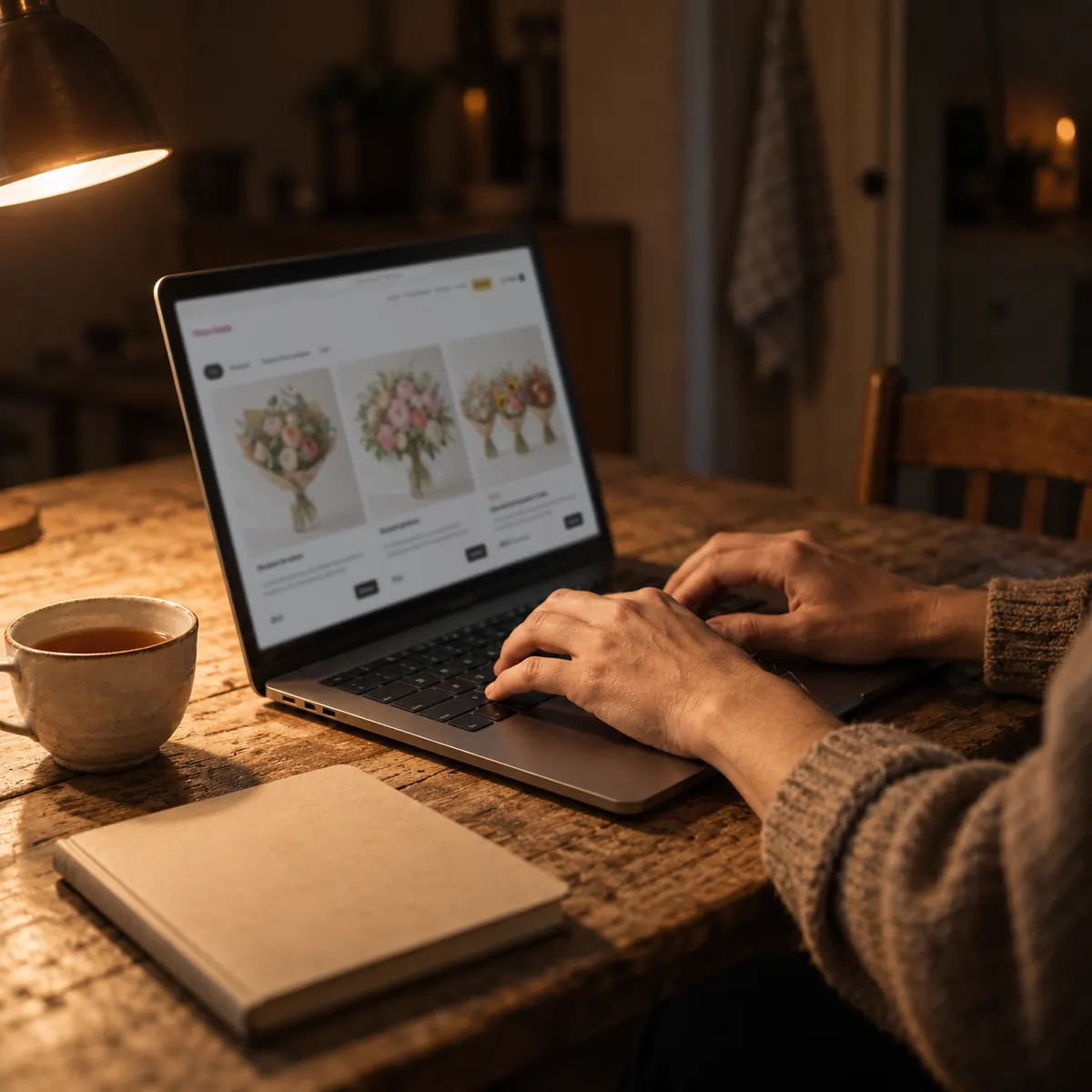 Iemand werkt op een laptop aan een houten tafel, met een notitieboek en een kop thee.
