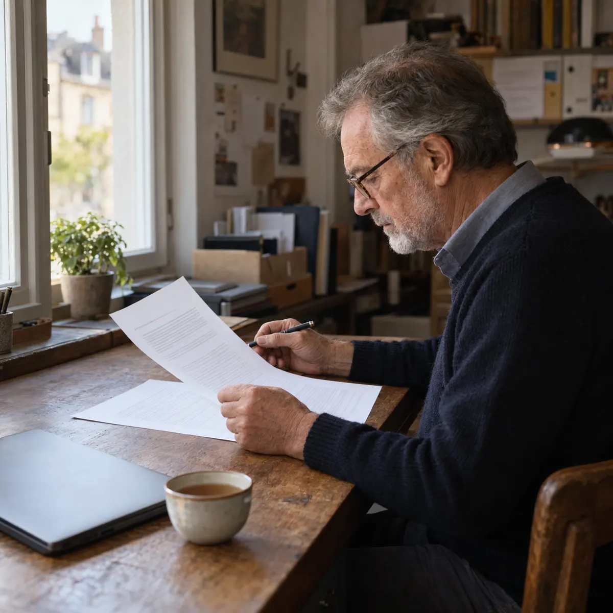 Een zaakvoerder leest aan zijn bureau een document door.
