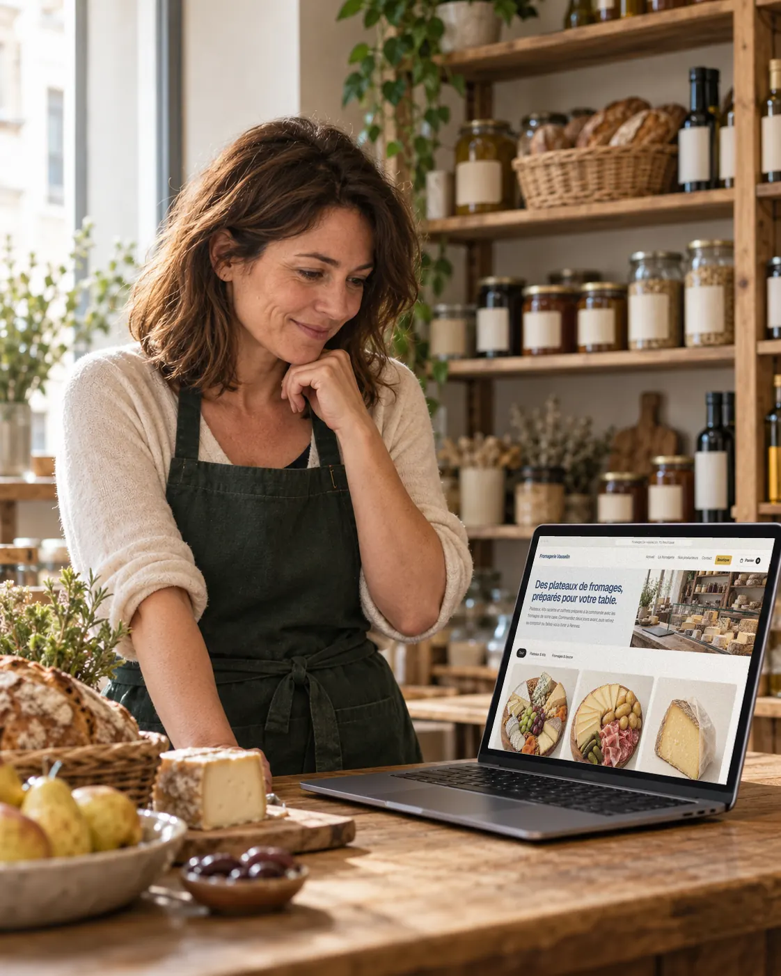 La gérante d’une petite épicerie fine sourit en découvrant son nouveau site sur un ordinateur portable posé sur son comptoir